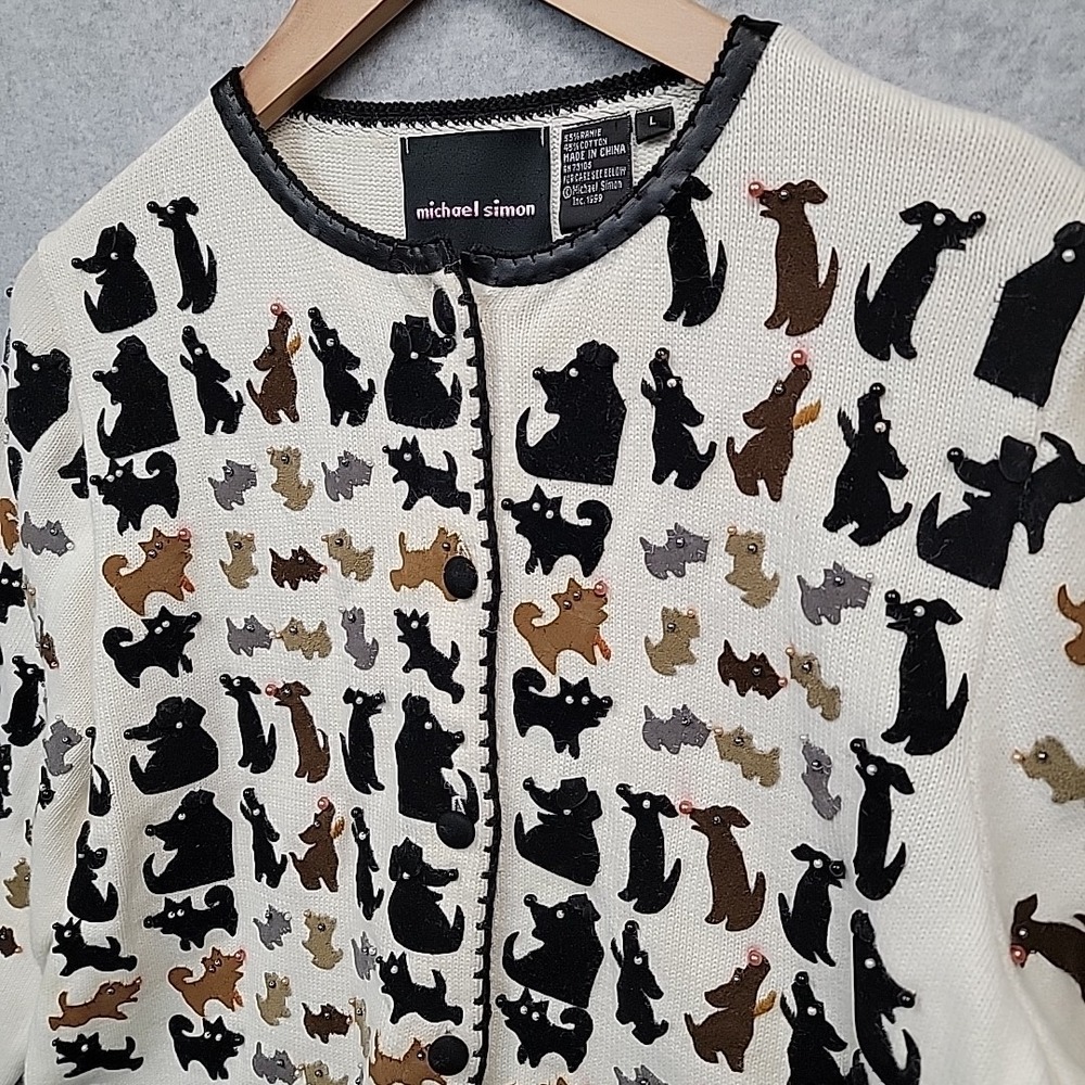 Vtg MICHAEL SIMON Dog Appliqué Beaded White Sweater Button‎ Cardigan Sz L RARE
